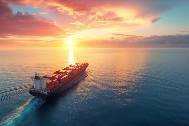 Een vrachtschip glijdt bij zonsondergang door het water.