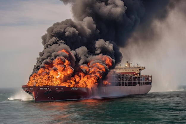 Een vrachtschip midden op zee gaat in vlammen op Dikke zwarte rook stijgt op van het schip Generatieve AI