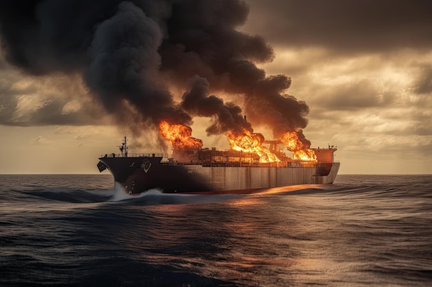 Een vrachtschip midden op zee gaat in vlammen op Dikke zwarte rook stijgt op van het schip Generatieve AI