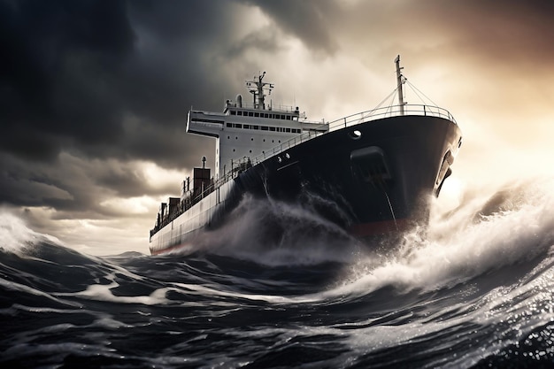 Een vrachtschip of vissersschip wordt gevangen in een zware storm Schip op zee op grote golven De dreiging van schipbreuk Element in de oceaan Het harde werk van een zeeman