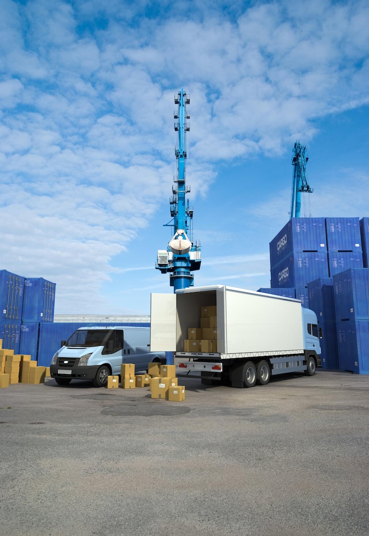 Een vrachtwagen die in het midden van een commerciële haven wordt afgeladen