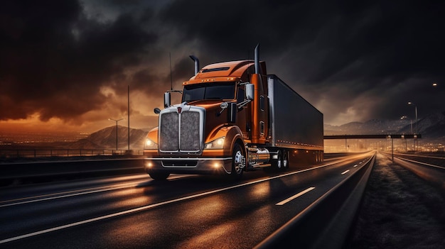 Een vrachtwagen die's nachts over een snelweg rijdt professionele fotografie tijdschrift fotografie realistisch echt