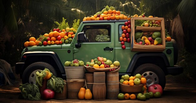 een vrachtwagen gevuld met veel verschillende soorten fruit