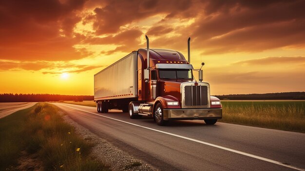 Een vrachtwagen in Amerikaanse stijl rijdt op de asfaltweg tegen de prachtige zonsondergang.