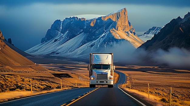 Foto een vrachtwagen met een witte aanhangwagen rijdt over een weg.