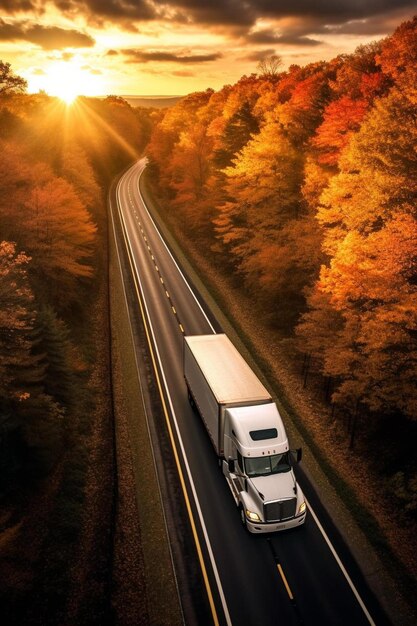 Foto een vrachtwagen op de weg met de zon achter zich