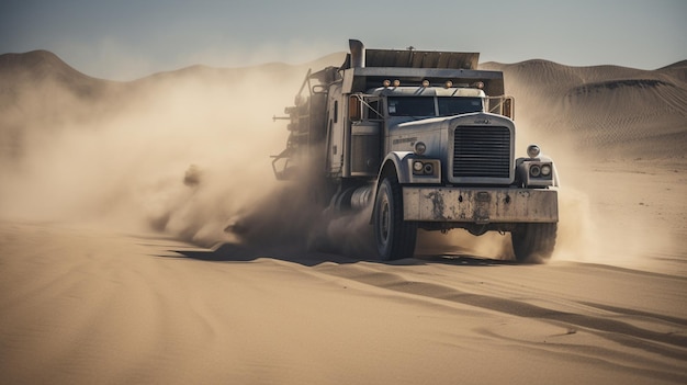 Een vrachtwagen rijdt door de woestijn waar stof omheen vliegt