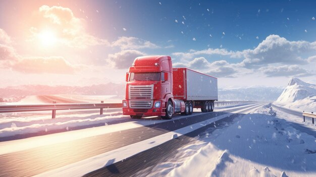 Foto een vrachtwagen rijdt op een besneeuwde weg tegen de achtergrond van een winterbos