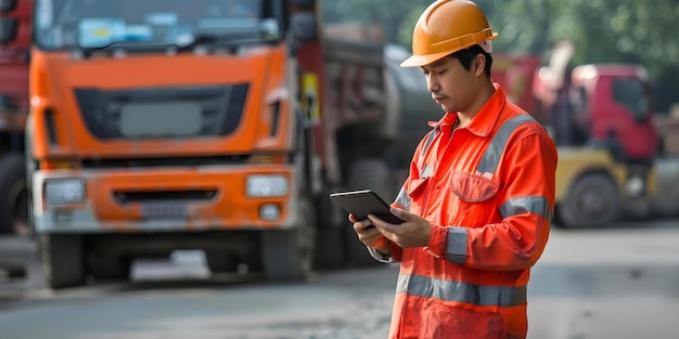 Een vrachtwagenchauffeur in uniform gebruikt een tablet om het laden van vracht op een geautomatiseerde logistieke locatie te controleren Concept Dump Truck Driver Uniform Tablet Cargo Loading Automated Logistics Site