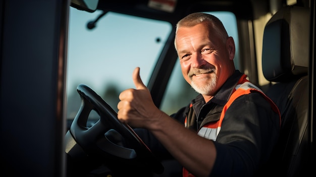 Een vrachtwagenchauffeur van middelbare leeftijd met een opgeheven duim zit in de cabine van een vrachtwagen