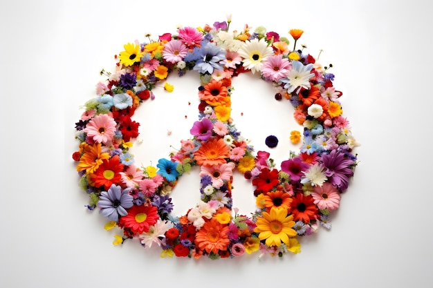Foto een vredesteken gevormd door kleurrijke bloemen of voorwerpen die een boodschap van vrede verspreiden