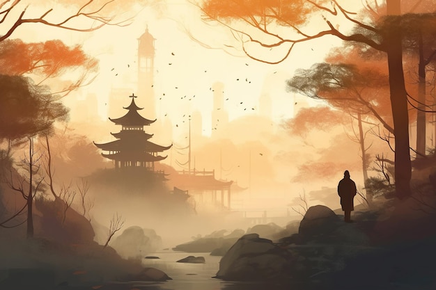 Een vredig tafereel van een monnik die mediteert bij zonsopgang omringd door mist en bomen voor een boeddhistische tempel Generatieve AI