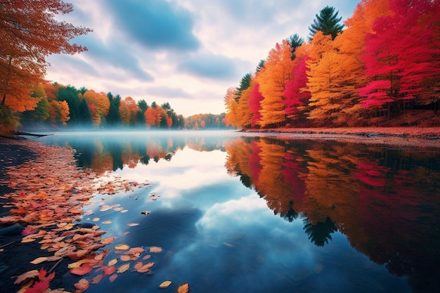 Een vreedzaam bos wordt versierd door levendig herfstblad.