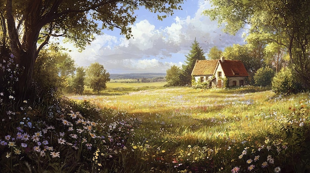 Een vreedzaam huisje in een levendig veldlandschap