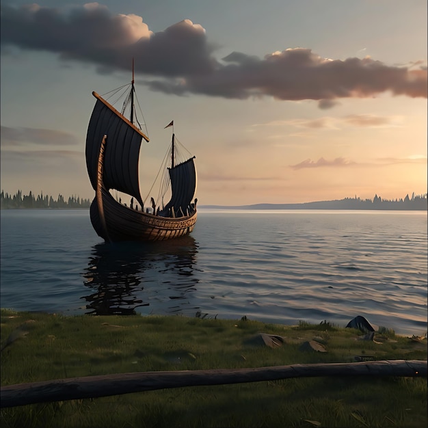 Een vreedzaam landschap waar de Viking schepen zijn vertrokken gegenereerd door AI