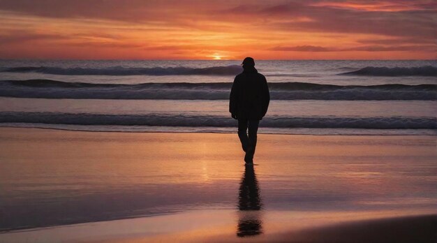 Foto een vreedzaam strand met een eenzame figuur die bij zonsondergang langs de kust loopt