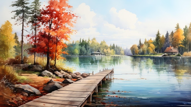 Een vreedzame aquarel van een meer met een haven en bomen AI Generative