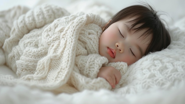 Een vreedzame pasgeboren baby die goed in een zachte deken slaapt