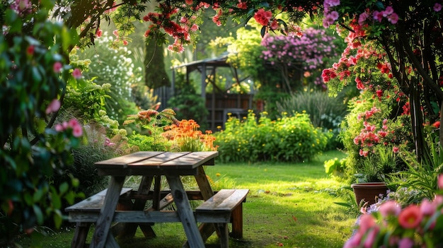 Foto een vreedzame tuin met bloeiende bloemen, door ai gegenereerde illustratie