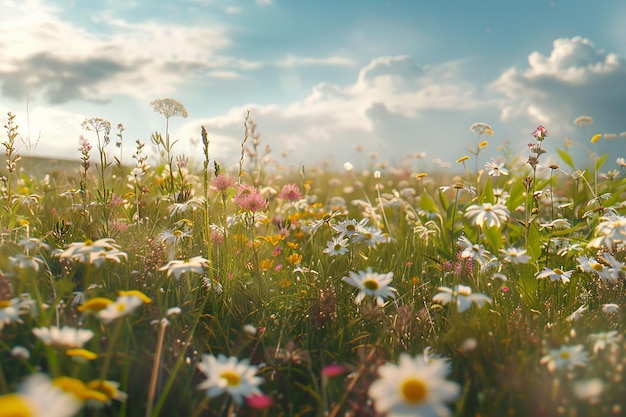 Een vreedzame weide vol wilde bloemen.