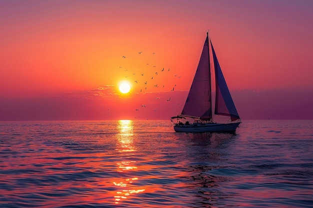 Een vreedzame zonsondergang over de oceaan met warme kleuren en een rustige reflectie