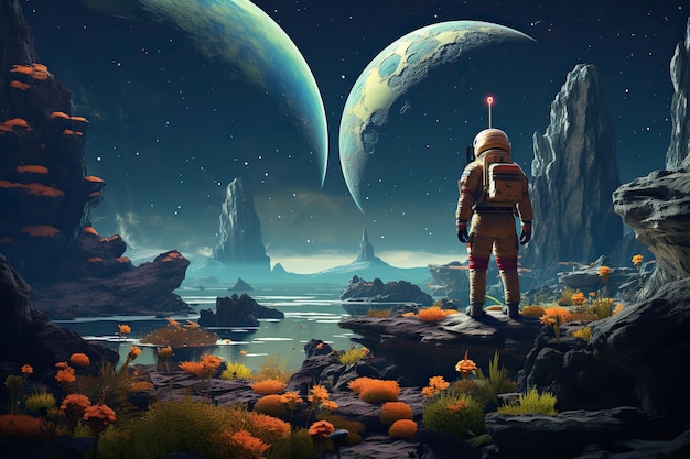 Een vreemd landschap met drijvende rotsen en planten met een enkele astronaut die de scène verkent