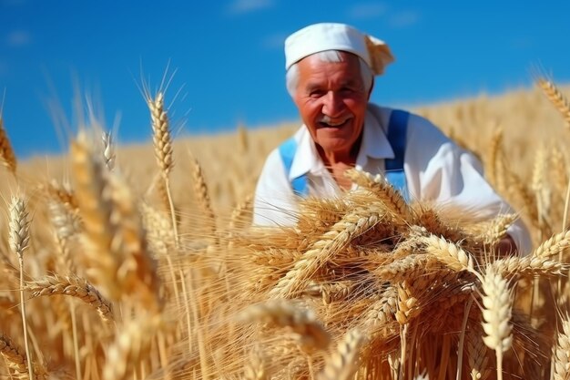 Een vreugdevolle boer toont een rijke oogst tarwe in een veld tegen een blauwe achtergrond