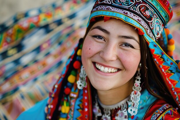 Een vreugdevolle en mooie jonge Kazachse vrouw gekleed in traditionele kleding die Nowruz viert