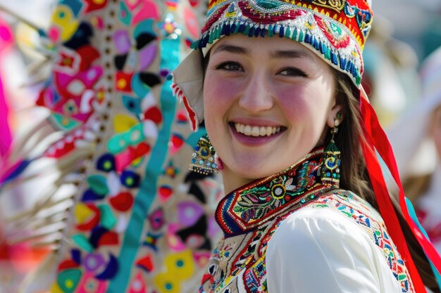 Een vreugdevolle en mooie jonge Kazachse vrouw gekleed in traditionele kleding die Nowruz viert