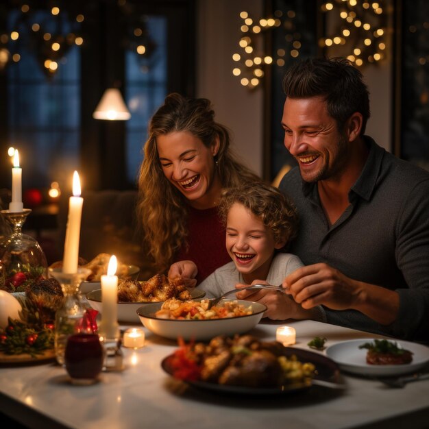 Een vreugdevolle familie geniet van een feestmaaltijd aan de eettafel met kerstversieringen