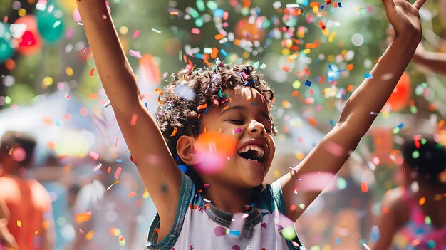 Een vreugdevolle jonge jongen gooit kleurrijke confetti in de lucht terwijl hij een speciale gelegenheid viert