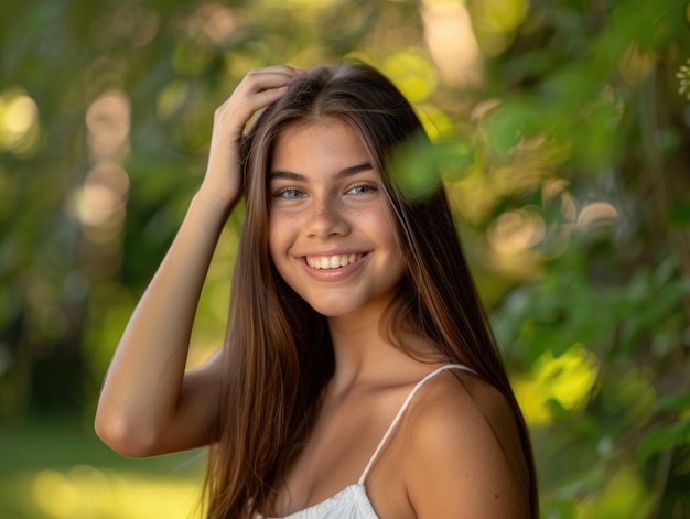 Een vreugdevolle jonge vrouw met lang, recht bruin haar poseert sierlijk in een vreedzame parkomgeving die een gevoel van rust en verbinding met de natuur belichaamt