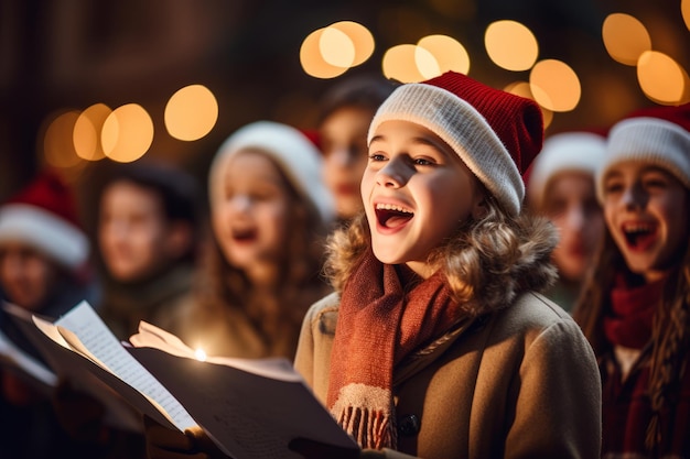 Foto een vreugdevolle kerstviering met kerstliederen die harmonieus zingen in een met sneeuw bedekte straat