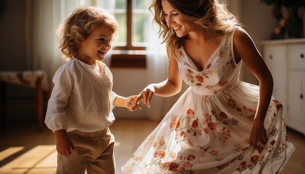 Foto een vreugdevolle moeder en haar zoon dansen thuis.