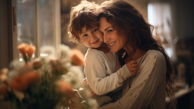 Een vreugdevolle moeder knuffelt haar kleine zoon die bij het raam zit, omringd door heldere bloemen