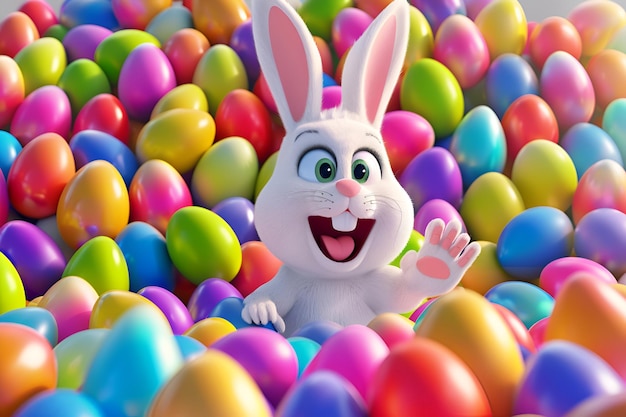Een vreugdevolle paaskonijn omringd door gekleurde eieren straalt vreugde en viering uit