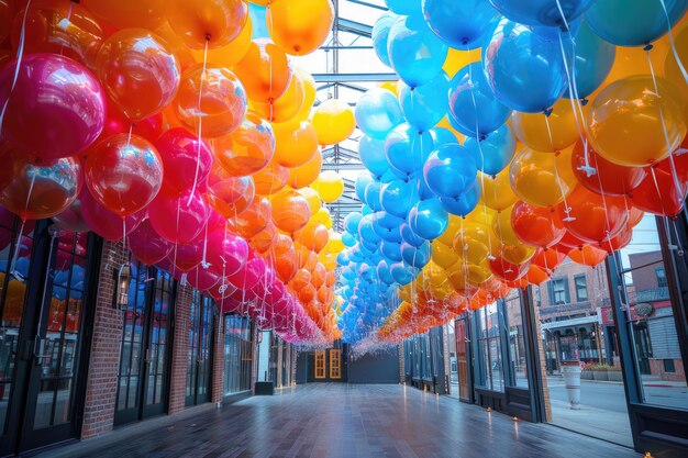 Een vreugdevolle scène met kleurrijke ballonnen die de lucht rond het onderwerp vullen