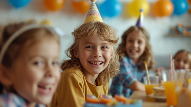 Een vreugdevolle scène van kinderen die samen spelen en lachen op een verjaardagsfeest