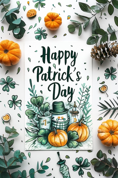 Een vreugdevolle St. Patrick's Day kaart met pompoenen en bladeren gerangschikt rond