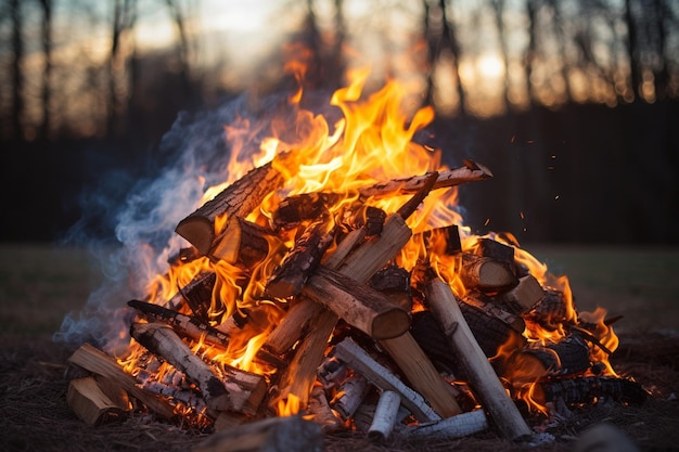 Een vreugdevuur met veel vuur en hout.