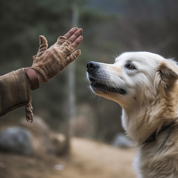 Foto een vriendelijke hond die een poot aanbiedt voor een handdruk