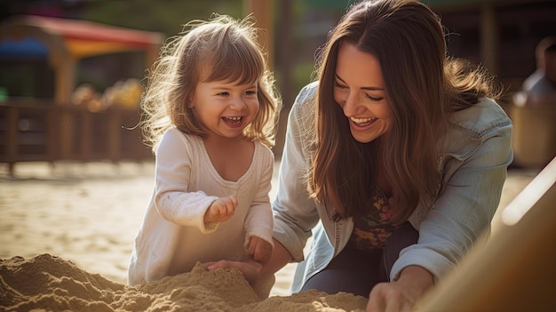 een vriendelijke jonge moeder op een kinderspeelplaats, spelend met haar dochter in de zandbak