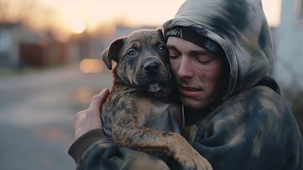 Een vriendelijke man die een puppy heeft gered, omhelst hem en draagt hem naar huis.