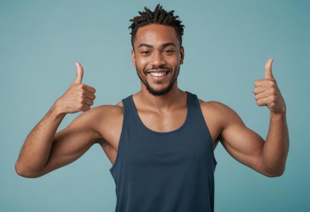 Een vriendelijke man in een tanktop geeft twee duimen omhoog en straalt een positieve sfeer uit. Zijn casual stijl suggereert