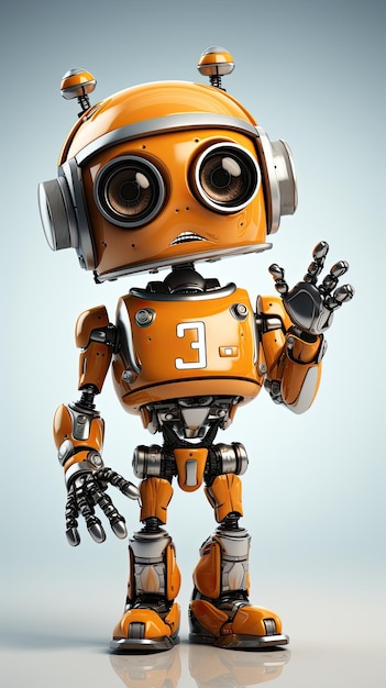 Een vriendelijke oranje robot stak zijn hand op ter begroeting