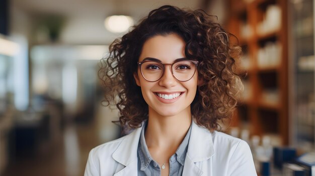 Een vriendelijke vrouwelijke apotheker met een heldere glimlach concept ai