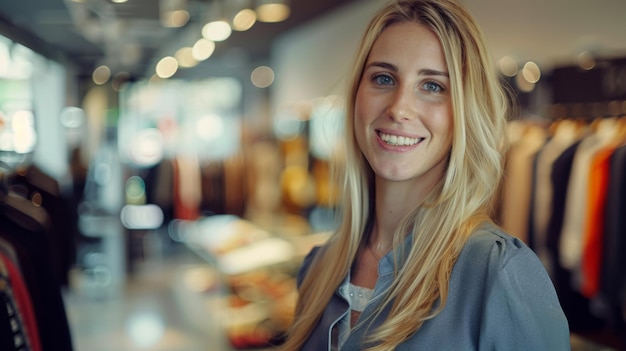 Een vriendelijke vrouwelijke detailhandelaar die warm glimlacht in een kledingwinkel die klanten verwelkomt