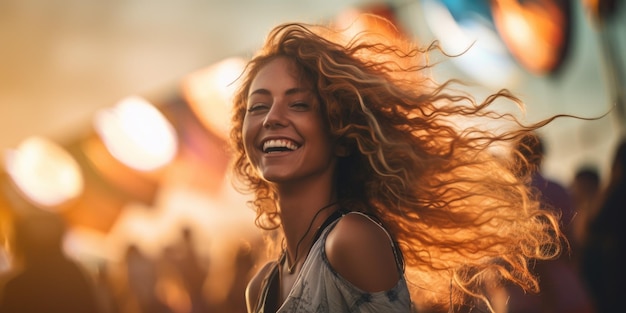 Een vrije geest gelukkige vrouw op een muziek evenement eerlijke pretpark of festival ondiepe diepte van het veld