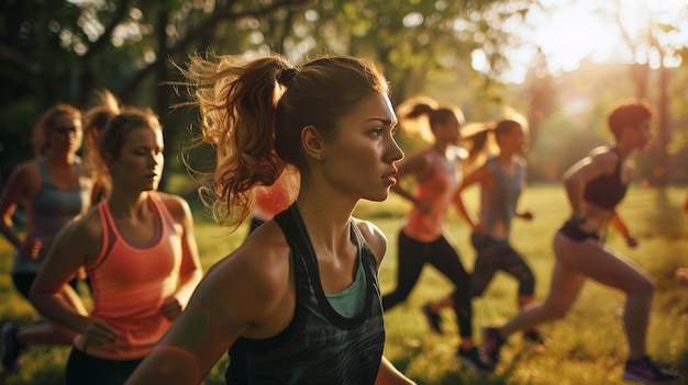 een vroege ochtend bootcamp workout in een stadspark waar een groep jonge vrouwen zich bezighouden met verschillende highintensity oefeningen die vastberadenheid, veerkracht en de verkwikkende start van een dag aantonen