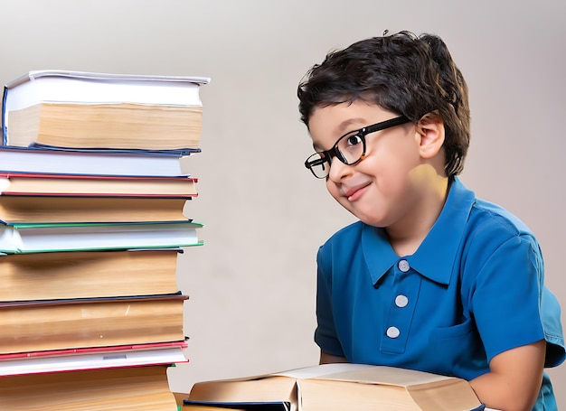 Foto een vroegrijp jongetje met een bril en een stapel leergierige boeken